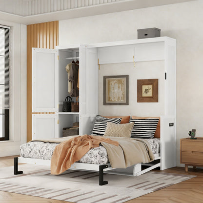 Queen Size Murphy Bed With Wardrobe, Space-Saving Hidden Wall Bed With Desk And Charging Station - White