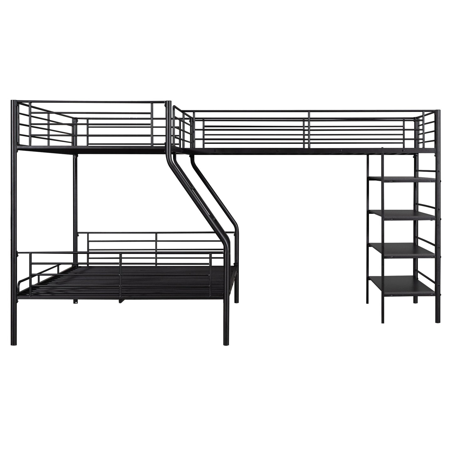 L-Shaped Twin Over Full Bunk Bed And Twin Loft Bed With 4 Built In Shelves - Black
