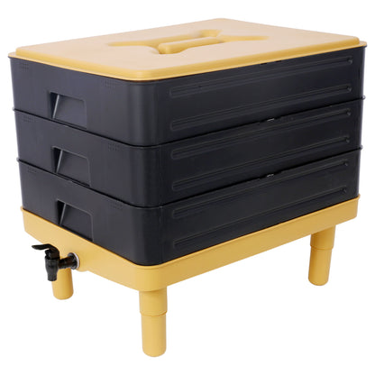 Durable 3 Tray Worm Farm Kit For Efficient Vermicomposting, 65L Capacity - Yellow / Black