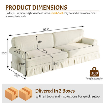 Luxuriously Comfortable Cloud Couch Sofa With Elegant Rolled Arms & Pleated Skirt Design