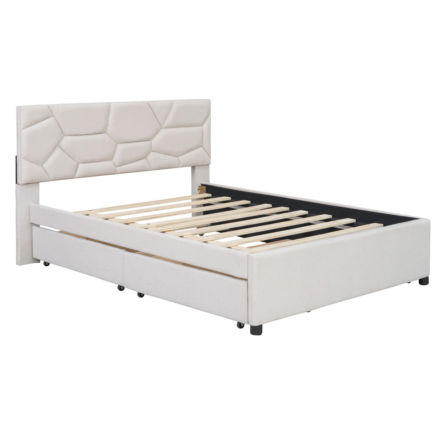 Upholstered Platform Bed With Brick Pattern Headboard And Twin Long Size Trundle