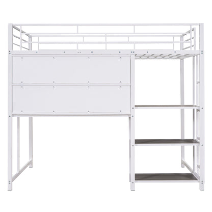 Metal Loft Bed With Desk, 3 Shelves And Ladder
