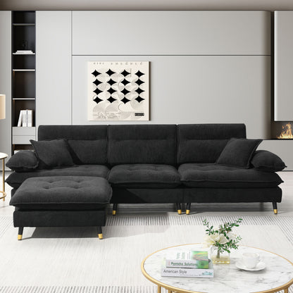 L Shaped Convertible Sectional Sofa 4 Seat Tufted Couch Set With Two Tone Adjust Legs Cloud Movable Ottoman