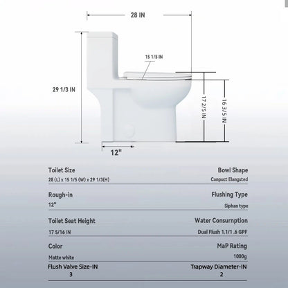 Gloss Tornado Flush 1 Piece Toilet With Soft Closing Seat, Water Saving Dual Flush - Gloss White