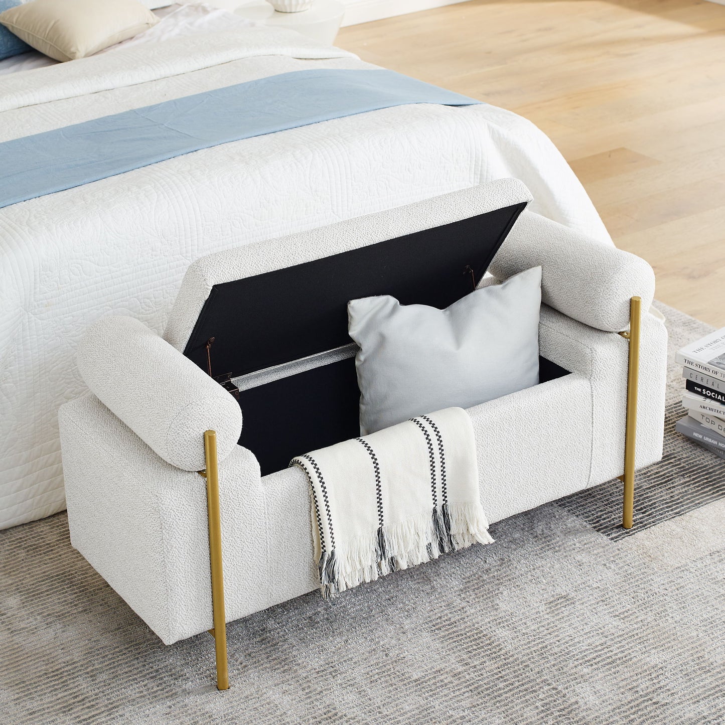 Elegant Upholstered Linen Storage Bench With Cylindrical Arms And Iron Legs, White