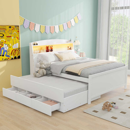 Full Size Platform Bed With Storage LED Headboard, Twin Trundle And 3 Drawers - White