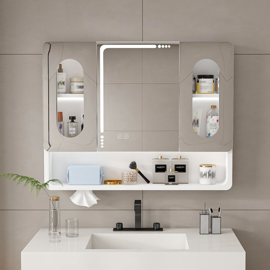 Wall Mounted Bathroom Mirror Cabinet With LED Lights, Anti Fog & Explosion Proof, Touch Control Medicine Cabinet, 3 Color Lighting - White
