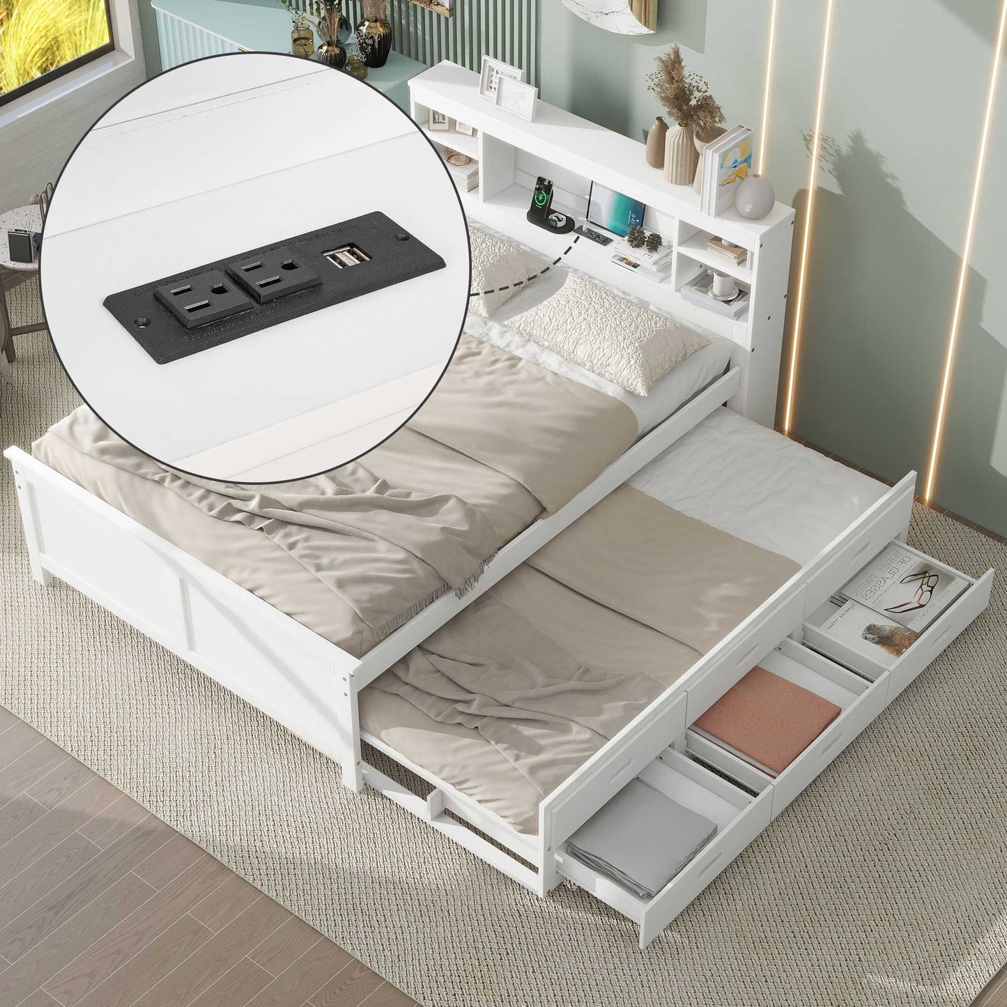 Platform Bed With Storage Headboard, USB, Trundle And 3 Drawers