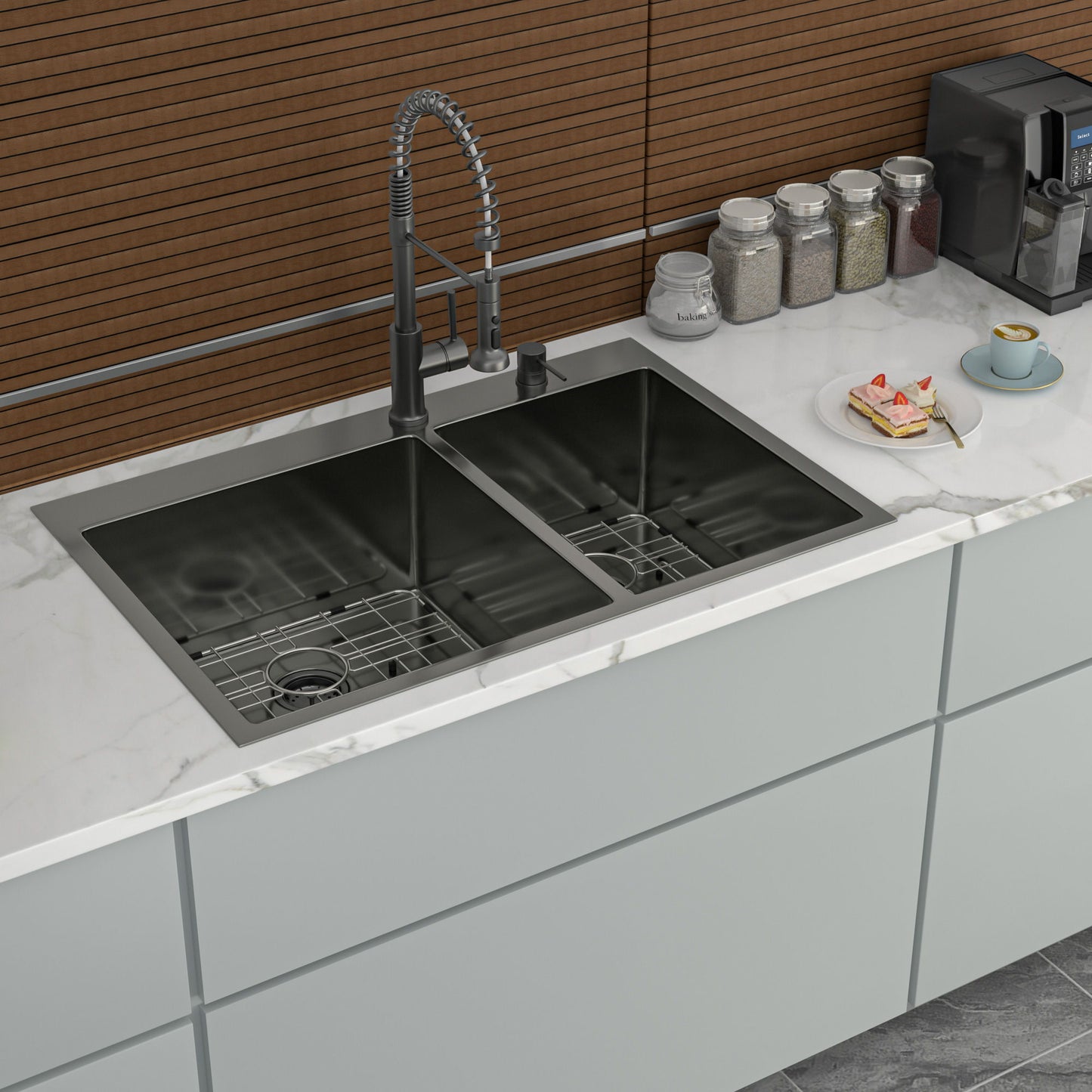 Double Bowl Drop In Sink With 2 - 9" Deep Basins - Gunmetal Black