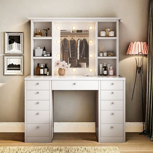 Vanity Desk With LED Lighted Mirror, Makeup Vanity With 11 Drawers, Adjustable Lighting - White