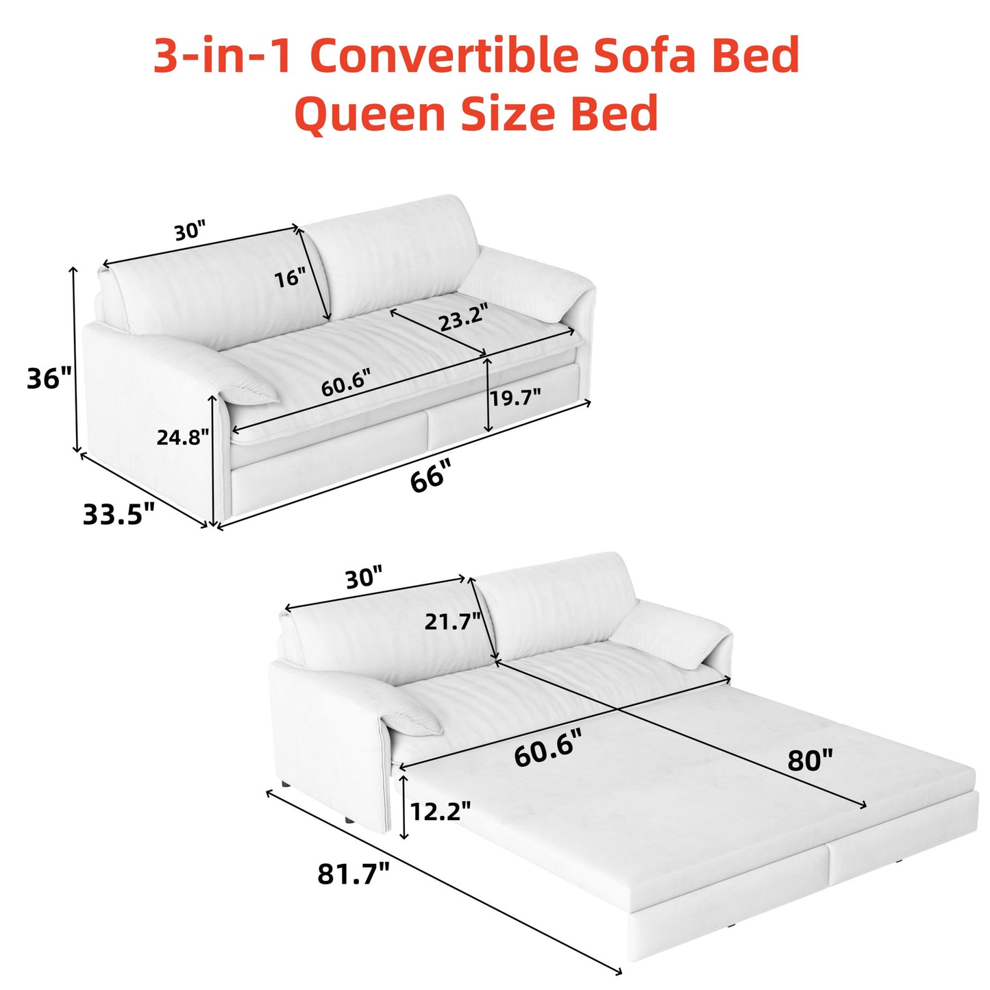 Pull Out 3 In 1 Convertible Sleeper Sofa With Side Storage, Multi Functional
