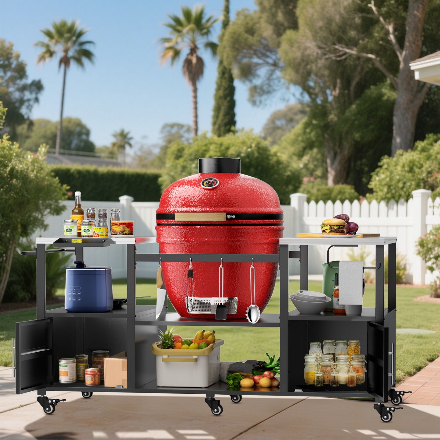 Outdoor Grill Table For Big Egg Style Bbq With Metal Grill Cart And Storage Box And Metal And Stainless Steel - Black / Silver