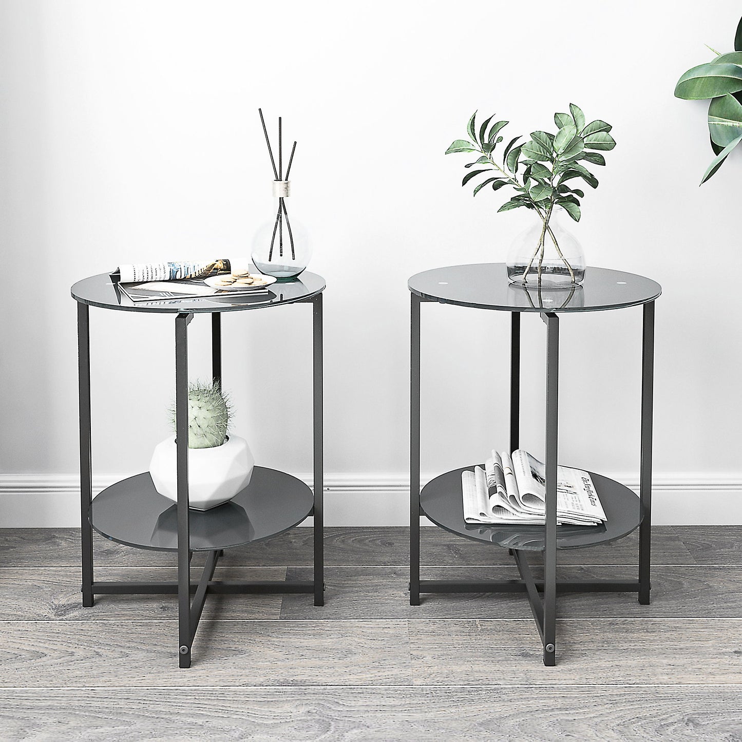 JWS Tempered Glass End Table (Set of 2), Round Coffee Table For Bedroom Living Room Office - Black