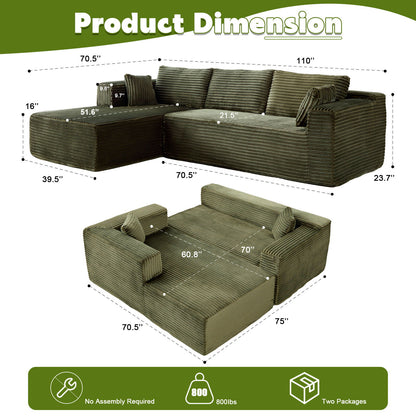 Compression Sectional Couch With Comfy Chaise, Boneless L Shape Sofa With Deep Seat