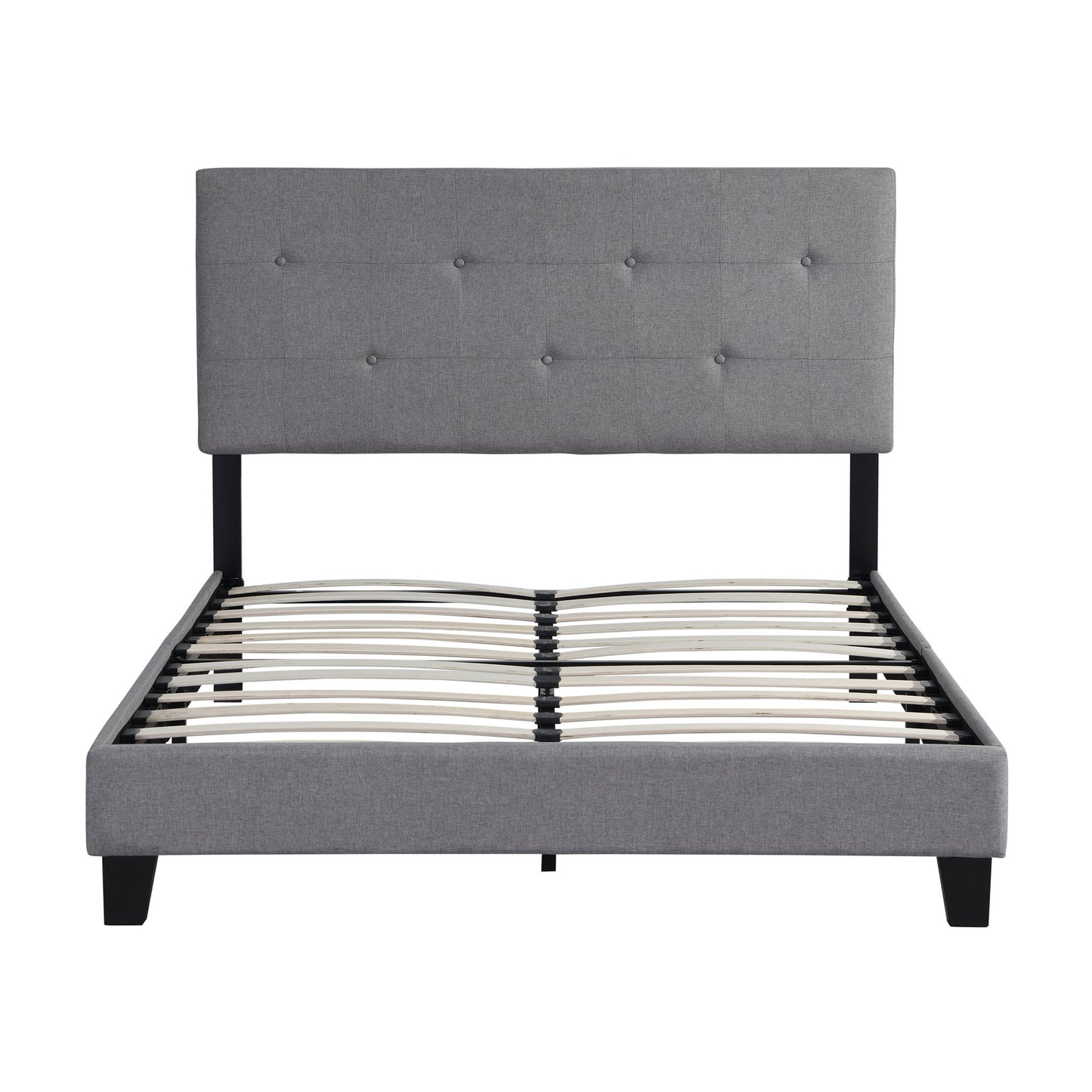 Full Size Upholstered Platform Bed Frame With Modern Button Tufted Linen Fabric Headboard, No Box Spring Needed, Wood Slat Support - Gray