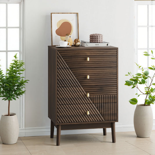 Modern 4 Drawer Dresser Chest For Living Room, Bedroom, Corridor Wooden Storage Cabinet - Walnut