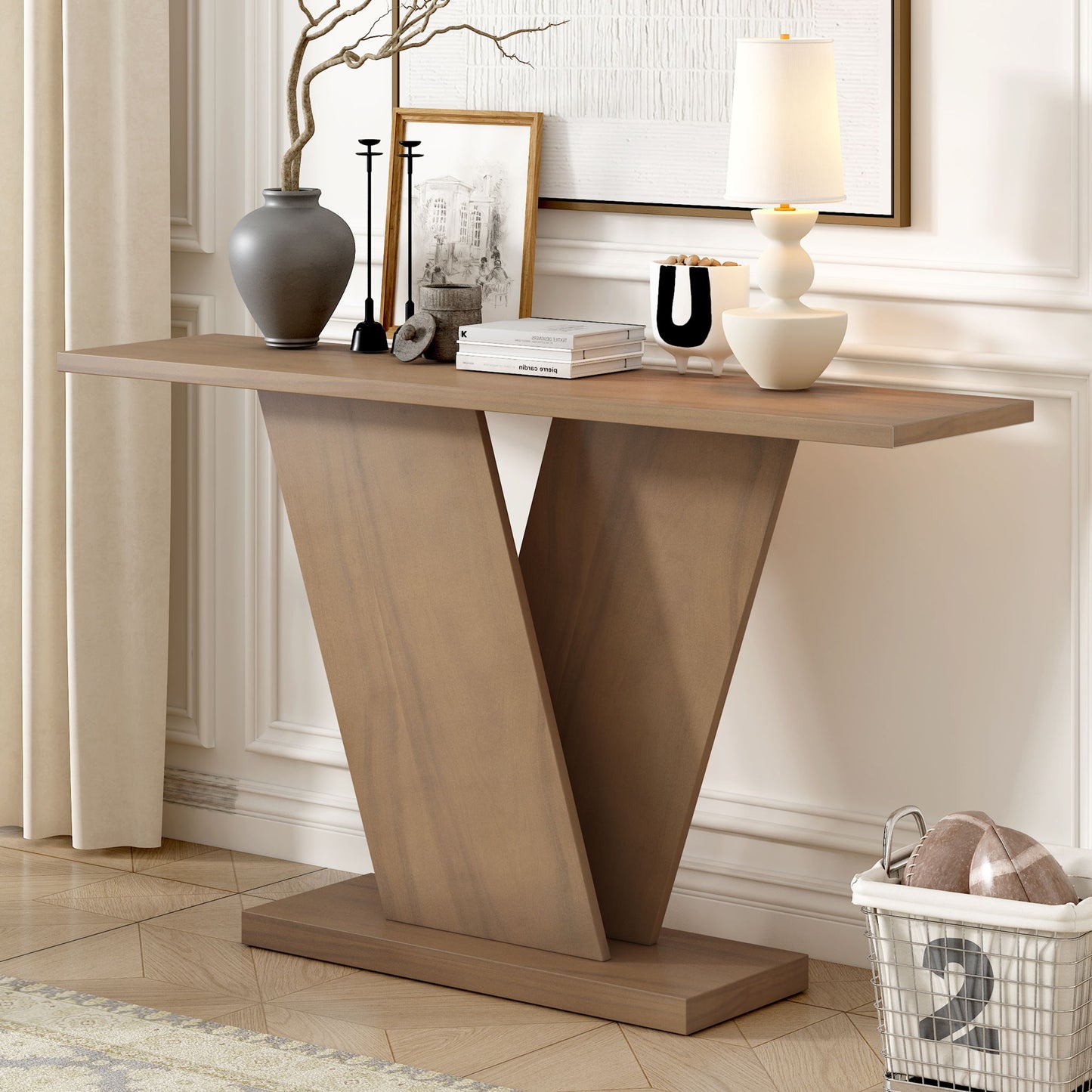 Console Table With V Shape Base, Sculptural Entryway Accent