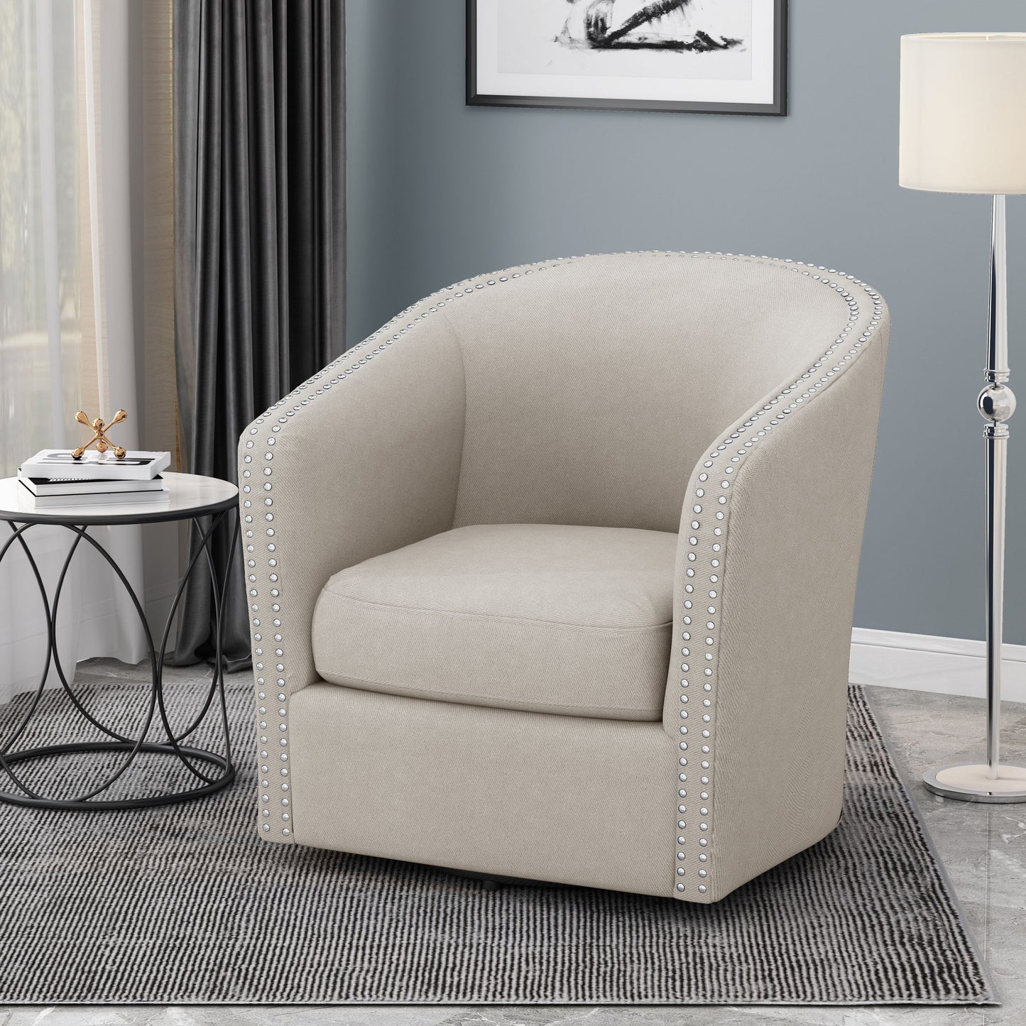 Modern Upholstered Swivel Club Chair With Nailhead Trim