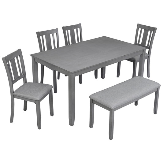 6 Pieces Kitchen Dining Set, Rectangular Wooden Dining Table With 4 Upholstered Chairs And A Bench
