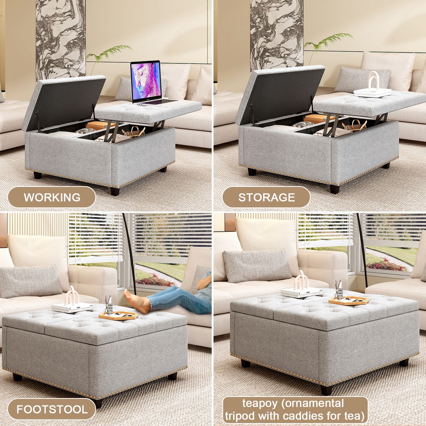 Large Square Storage Ottoman With 2 Storage Doors