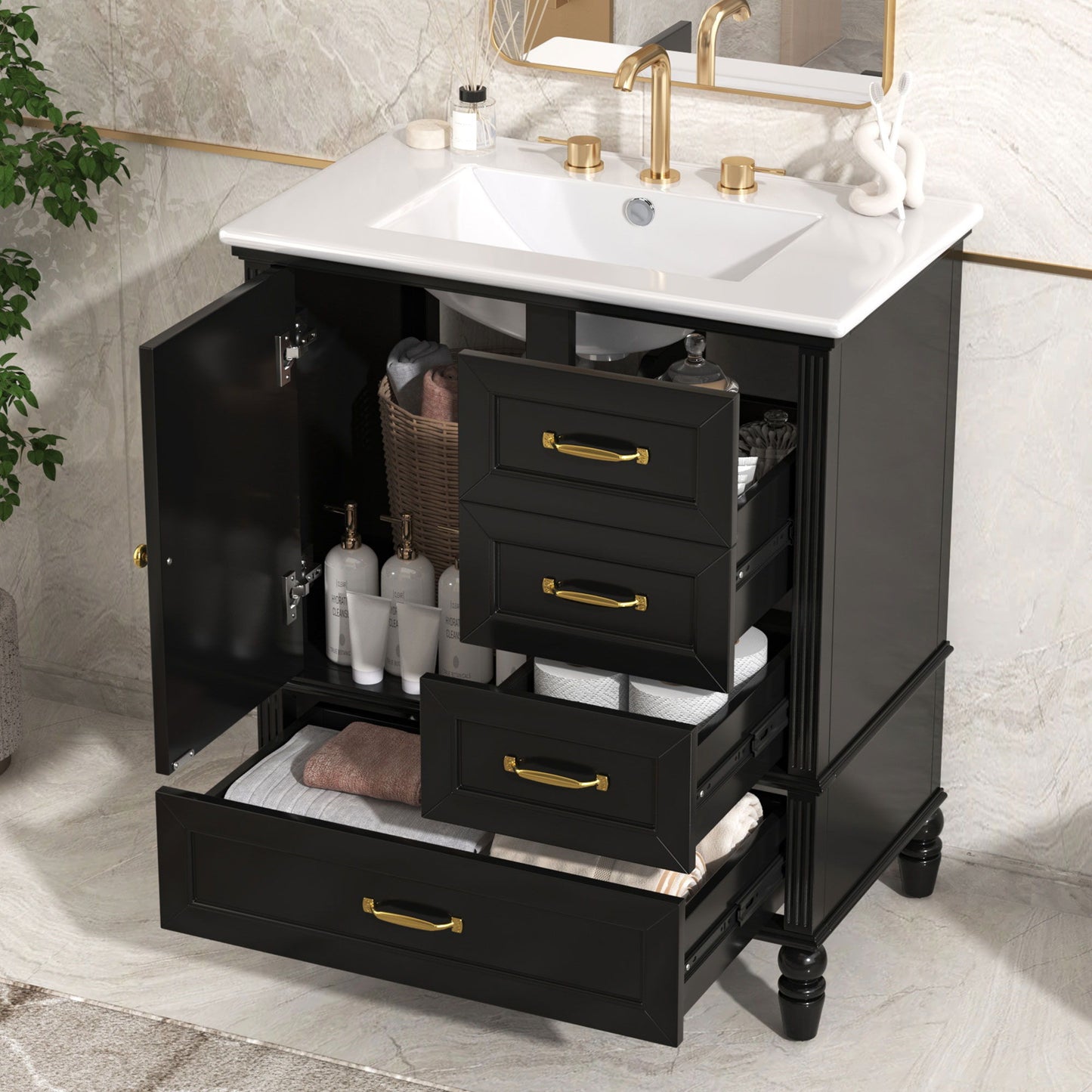 30" Bathroom Vanity With Sink, 3 Drawers, Adjustable Feet