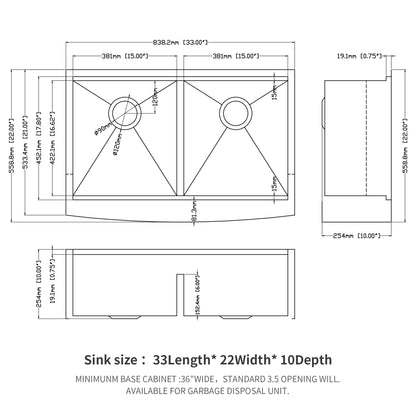 Farmhouse Double Bowl Workstation Kitchen Sink 33" Stainless Steel 16 Gauge Apron Front, Finish - White