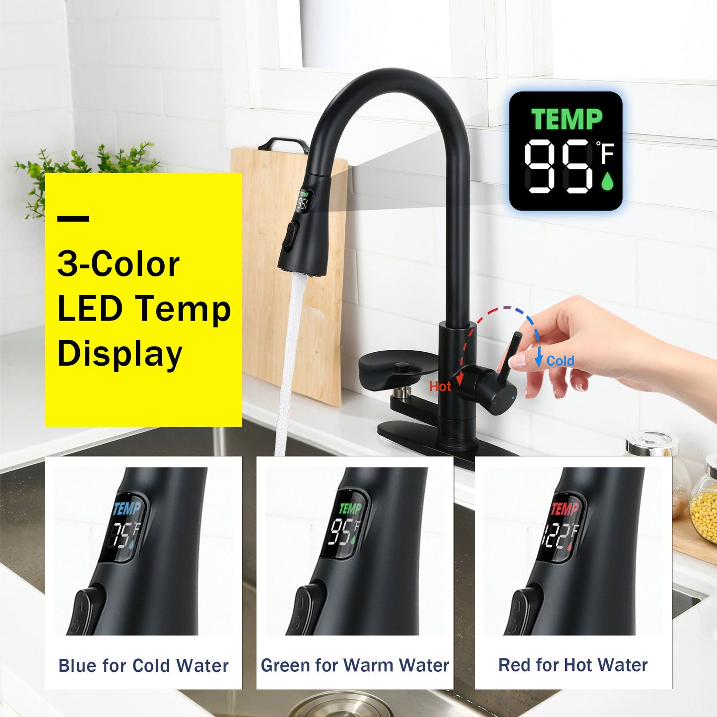 3 In 1 Kitchen Faucet With LED Temperature Display, Press Type Glass Rinser, Pull Down Sprayer, 3 Spray Modes - Matte Black