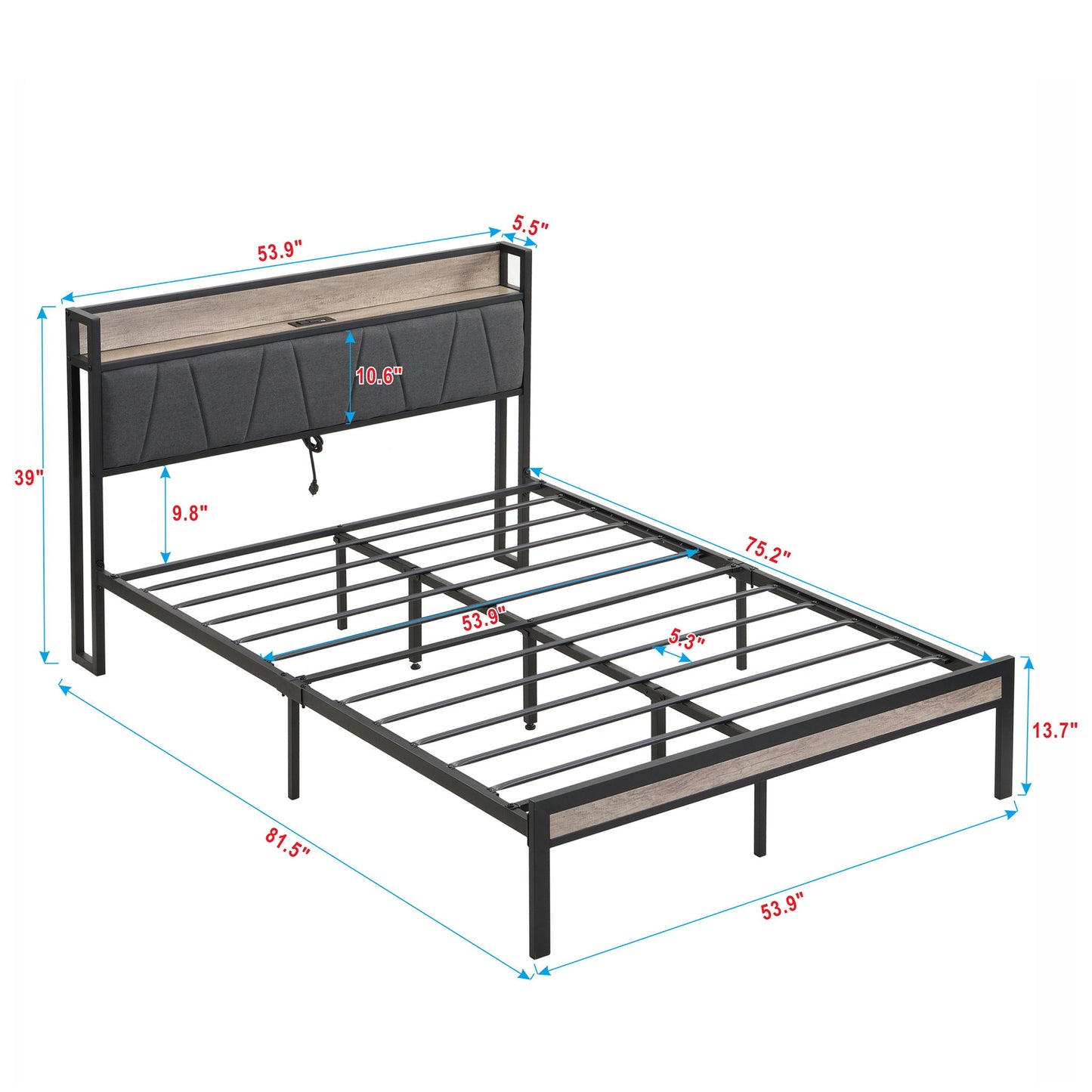 Modern Platform Bed Frame With Upholstered Storage Headboard, USB Ports
