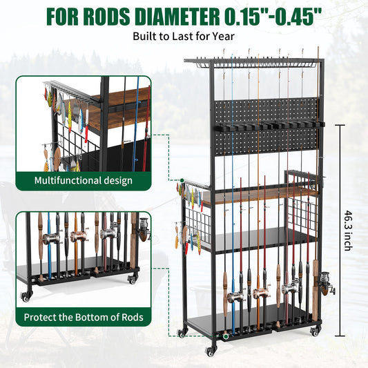 Fishing Rod Storage Rack With Pegboard, Rolling Tackle Organizer Cart - Black