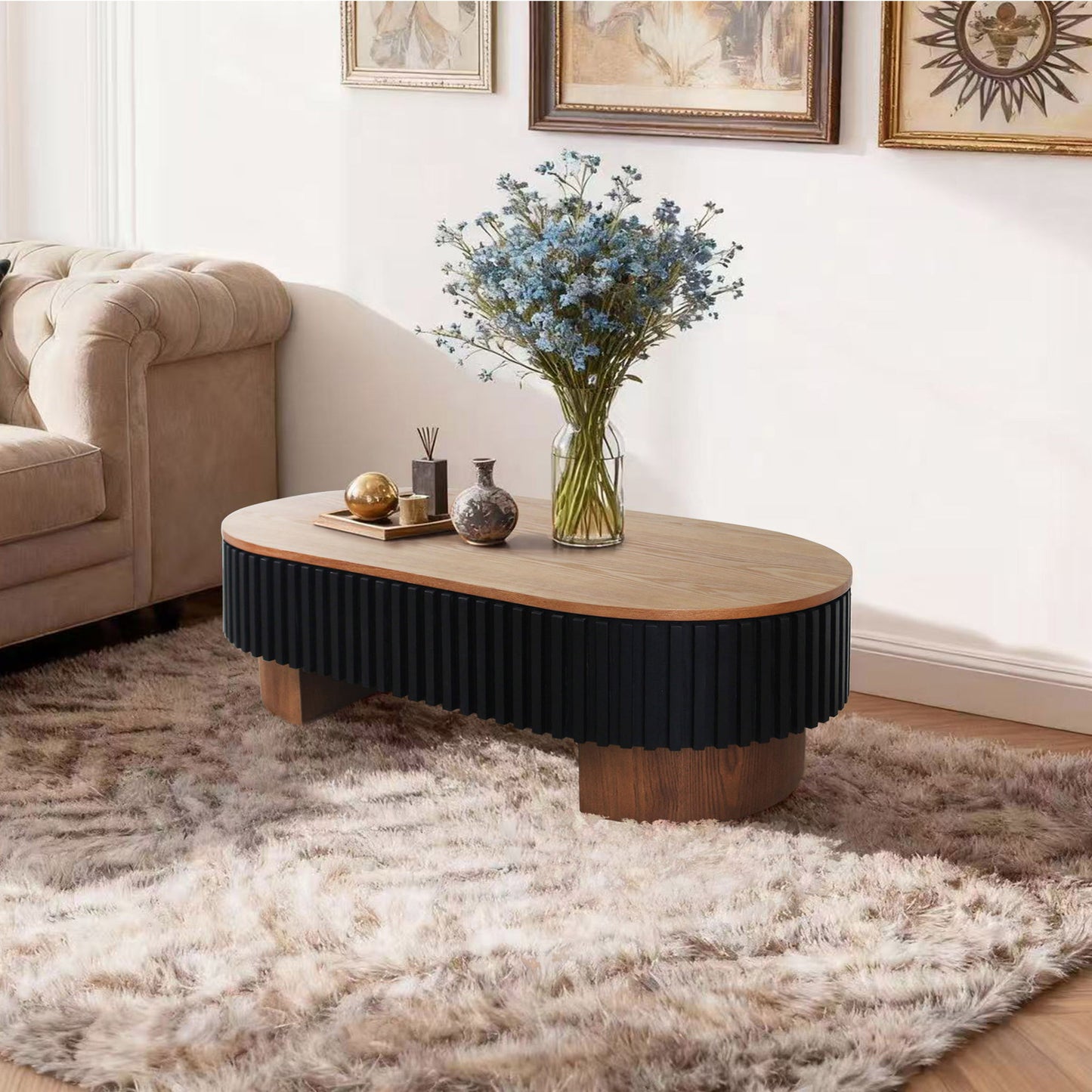 Elliptical Living Room Coffee Table With Hidden Storage And Removable Tabletop
