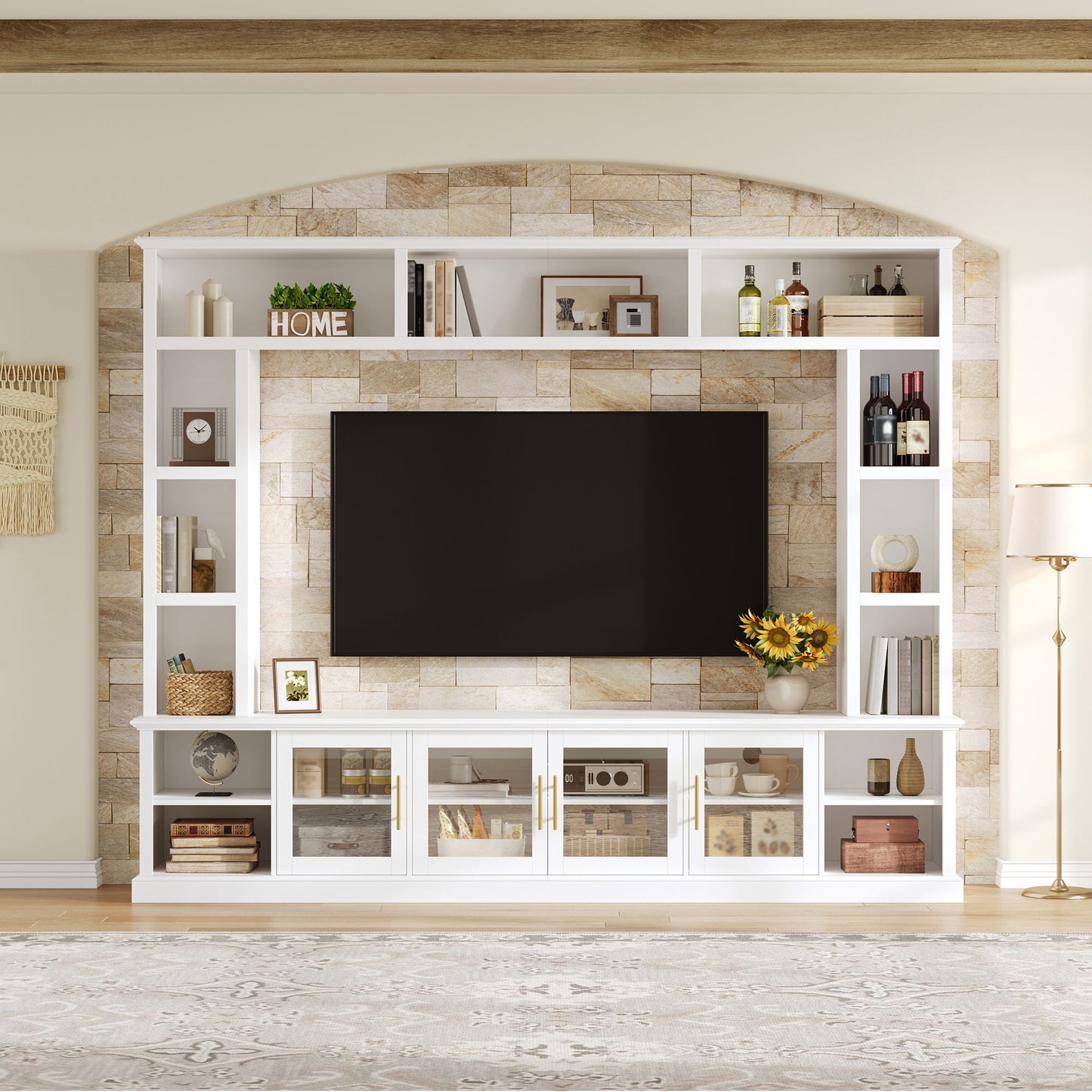 All-In-One Entertainment Center With Bookshelves & Tempered Glass Doors, TV Console Unit For Living Room