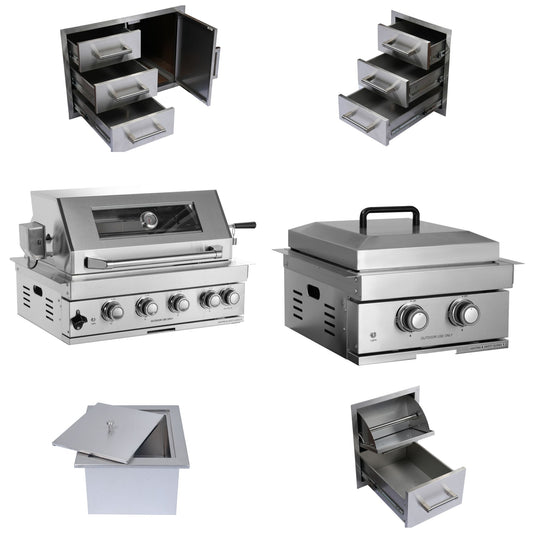 Built-In Outdoor Kitchen LPG Gas Grill 60000 Btu, Drop-In Ice Box With BBQ Tool Set - Silver