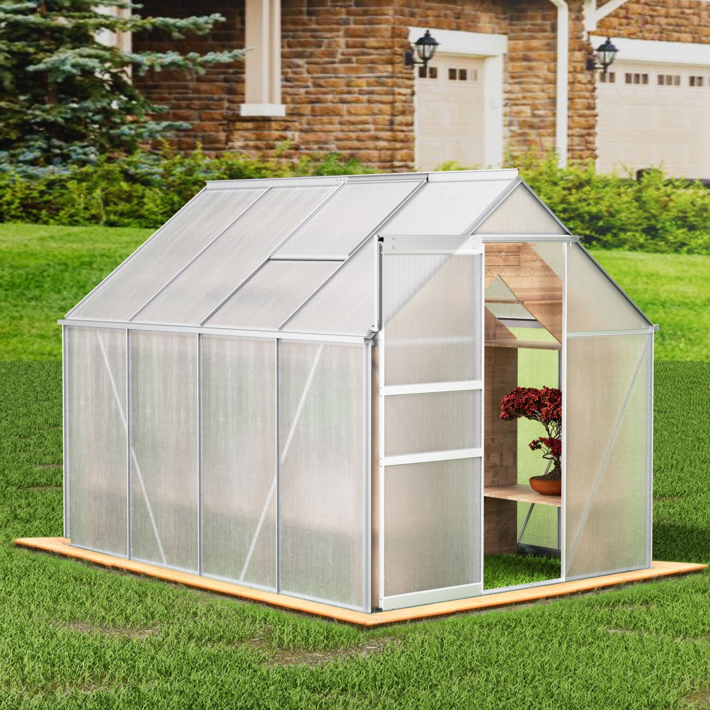 Walk-In Polycarbonate Greenhouse & Roof Vent, Sliding Doors, Aluminum Hobby Hot House For Outdoor