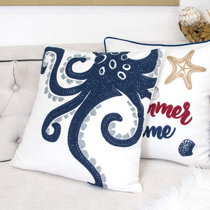 Octopus Patterned Pillow Cover With Matching Back - White