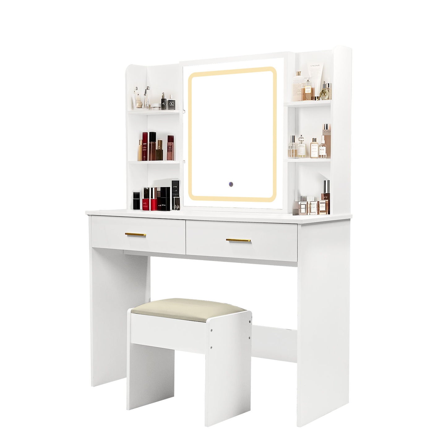 Vanity Desk With Mirror And LED Lights 3 Lighting Modes And Power Outlet 2 Spacious Drawers And Stool - White