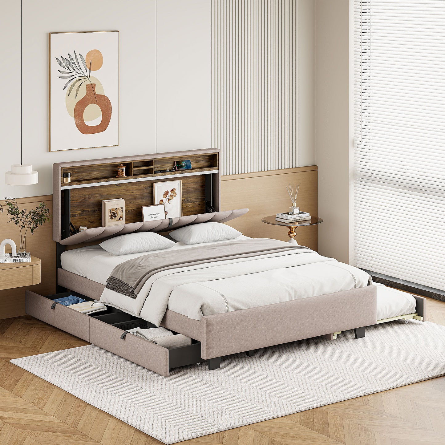 Upholstered Platform Bed With Storage Headboard, Trundle & 2 Drawers And A Set Of Sockets & USB Ports