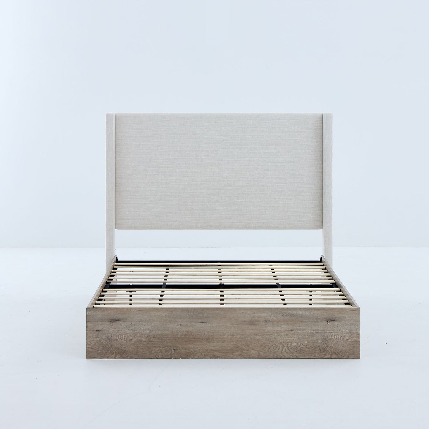 Shelton - Queen Upholstered Wingback Bed With 54" High Headboard - Ivory / Light Gray / Camel Oak