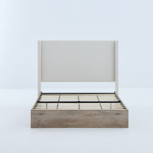 Shelton - Queen Upholstered Wingback Bed With 54" High Headboard - Ivory / Light Gray / Camel Oak