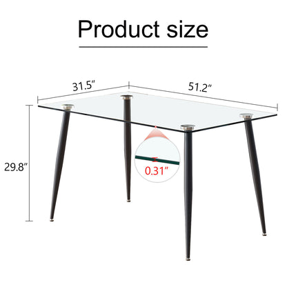 Modern Rectangular Glass Dining Table With Tempered Glass Top And Metal Legs For 4 - 6 People - Black / Transparent