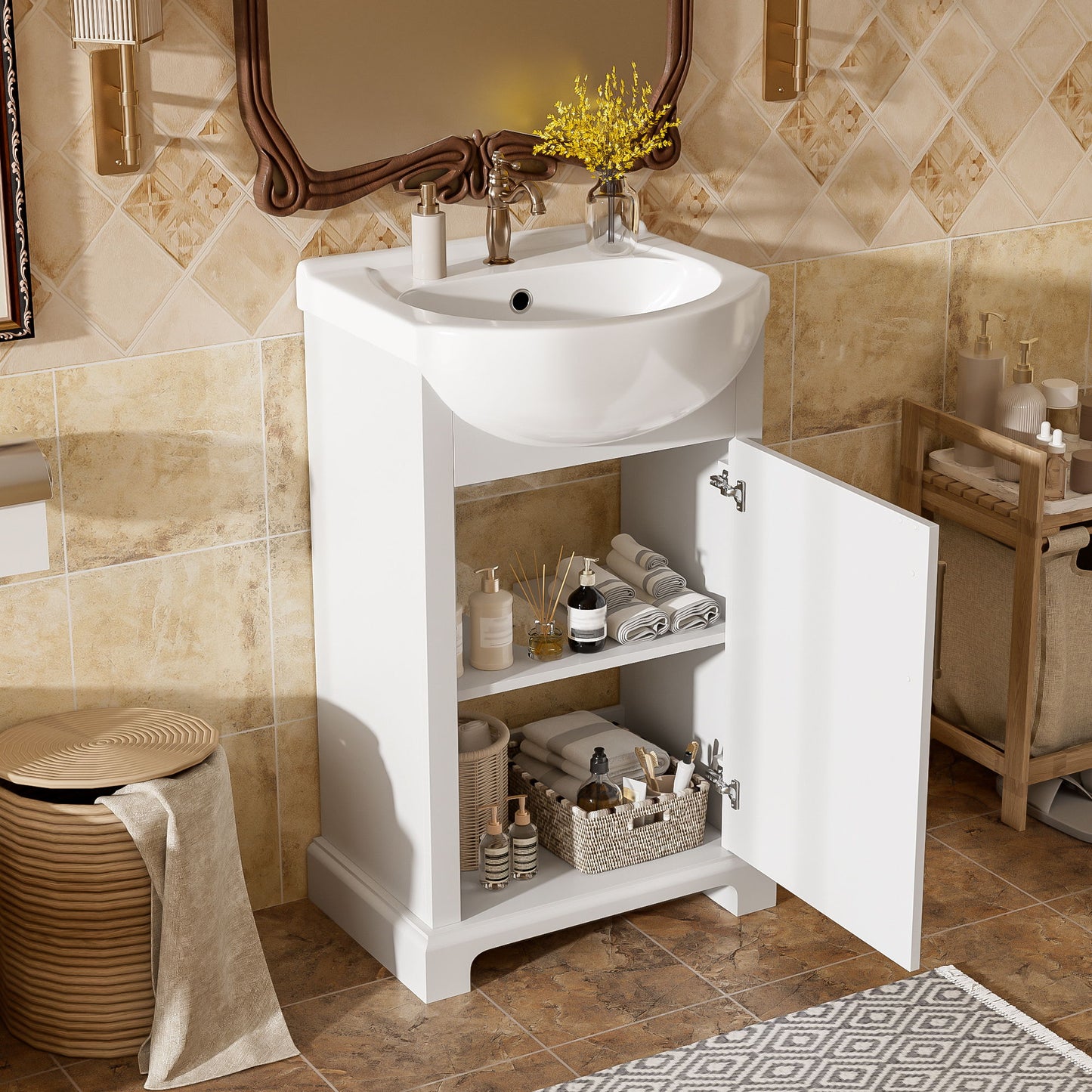 Bathroom Vanity With Bulged Sink, Cabinet, Soft-Close Door, Freestanding Single Unit