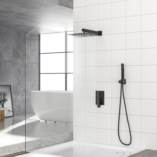 Dual Shower Head System With Rainfall Design, 10" Wall Mounted Square Shower Set - Matte Black