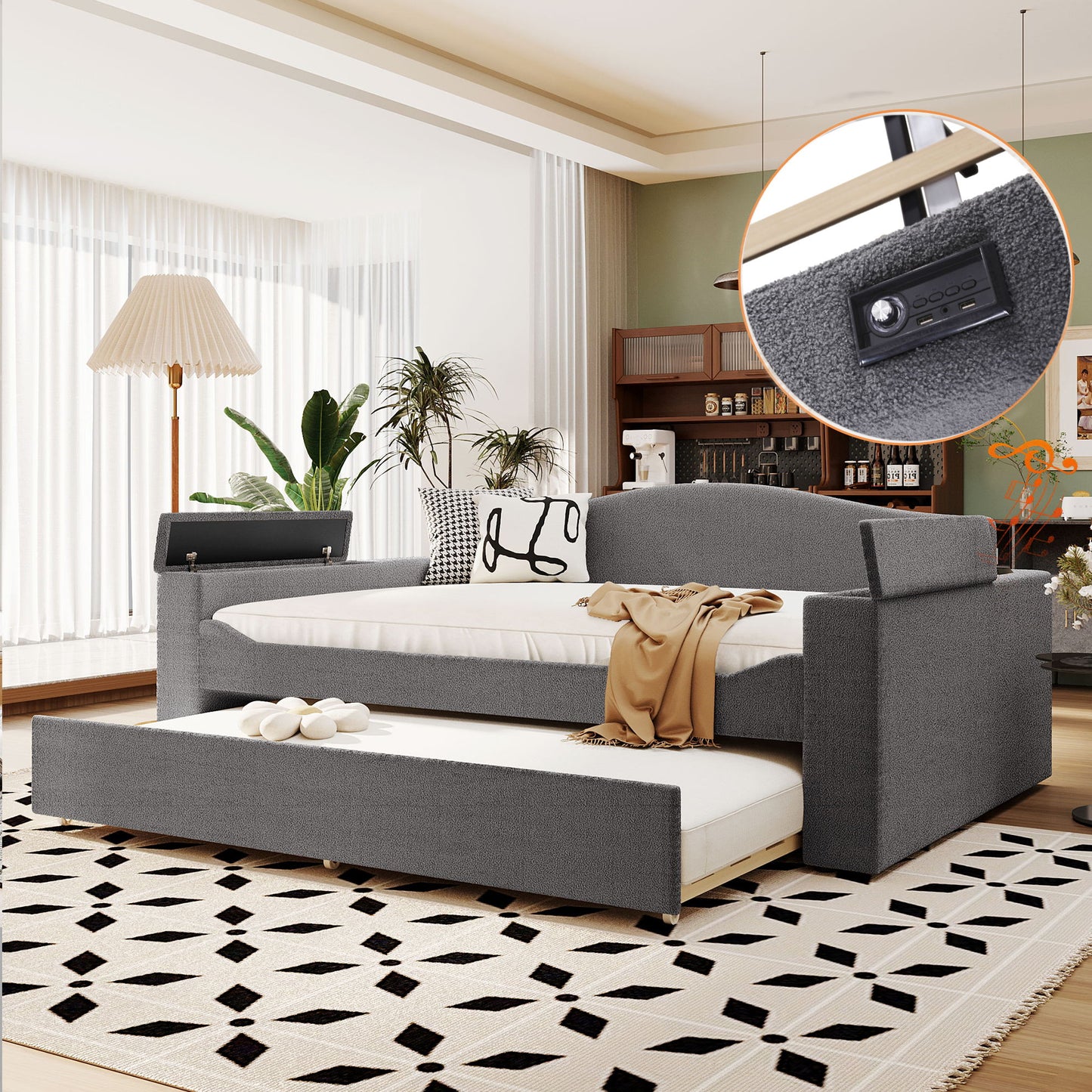 Upholstered Daybed With Storage Armrests, Trundle And Latest Integrated Bluetooth Audio System