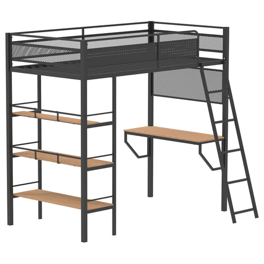 William - Twin Loft Bed 3 Shelf With Built In Desk - Matte Black