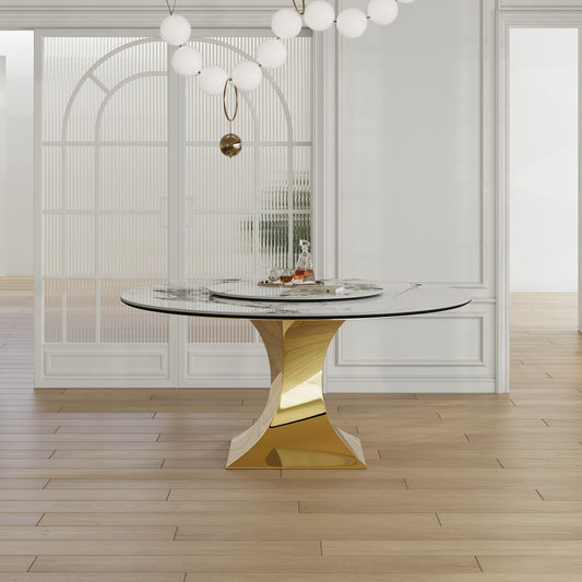 Luxury Round 59" Sintered Stone Dining Table With Stainless Steel Hourglass Base, Scratch & Heat Resistant Surface - Golden / White