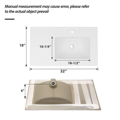 Rectangular Single Vanity Top With 1 Faucet Hole And Overflow, 32" X 18", Spacious Left Countertop For Storage - White