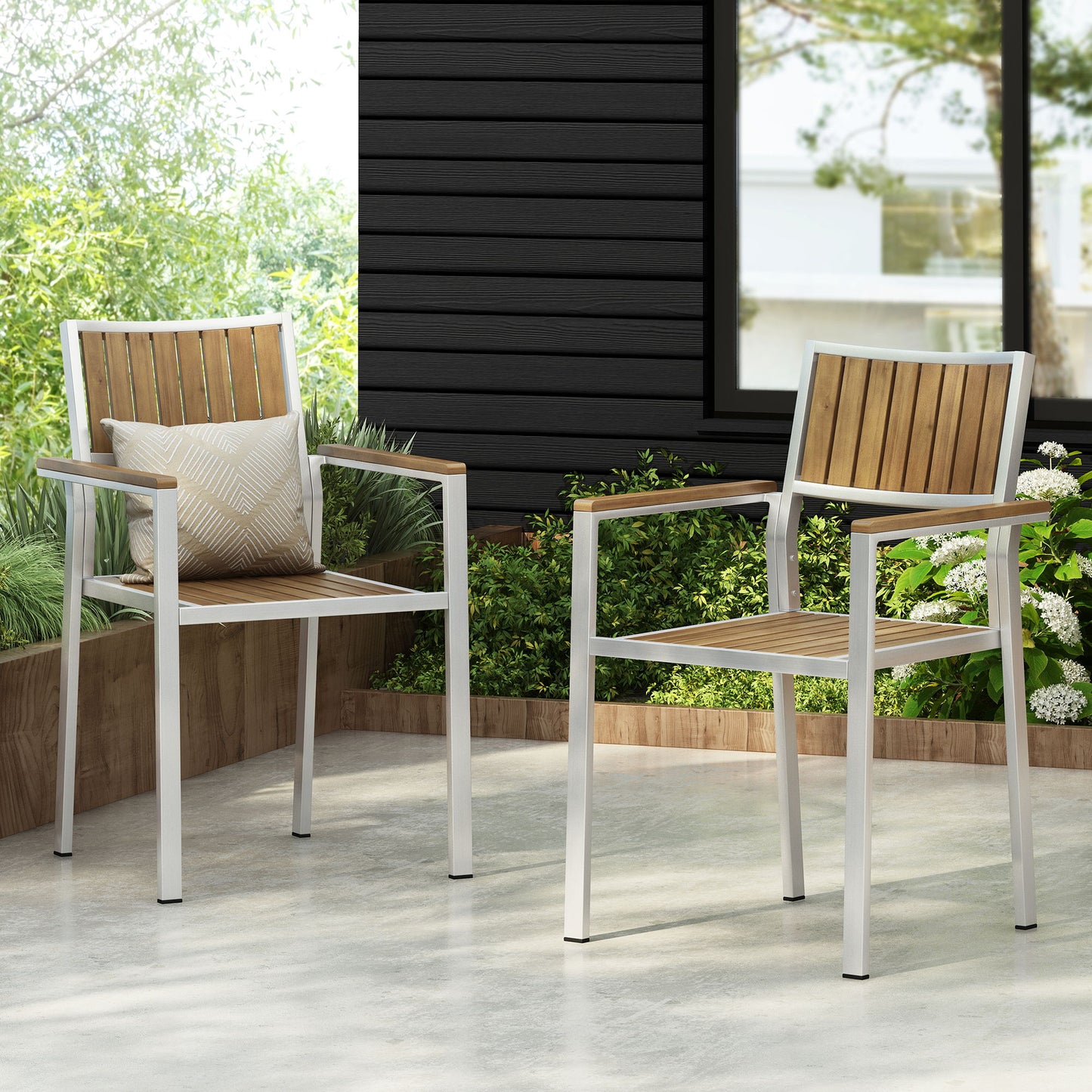 Stylish Modern Faux Wood & Aluminum Outdoor Dining Chairs, (Set of 2) - Natural