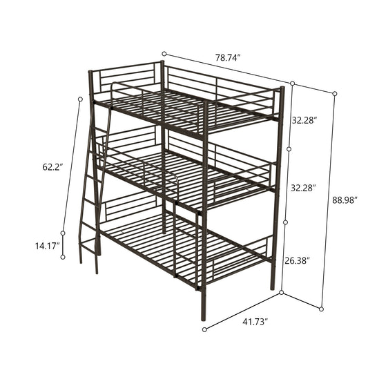 Twin Size Metal Triple Bunk Bed For Bedroom And Dormitory, Convertible Into 3 Separate Beds - Black