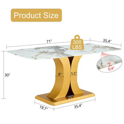 Modern Minimalist Dining Table With Imitation Marbled Glass Top And Legs For Kitchen And Living Room - Gold