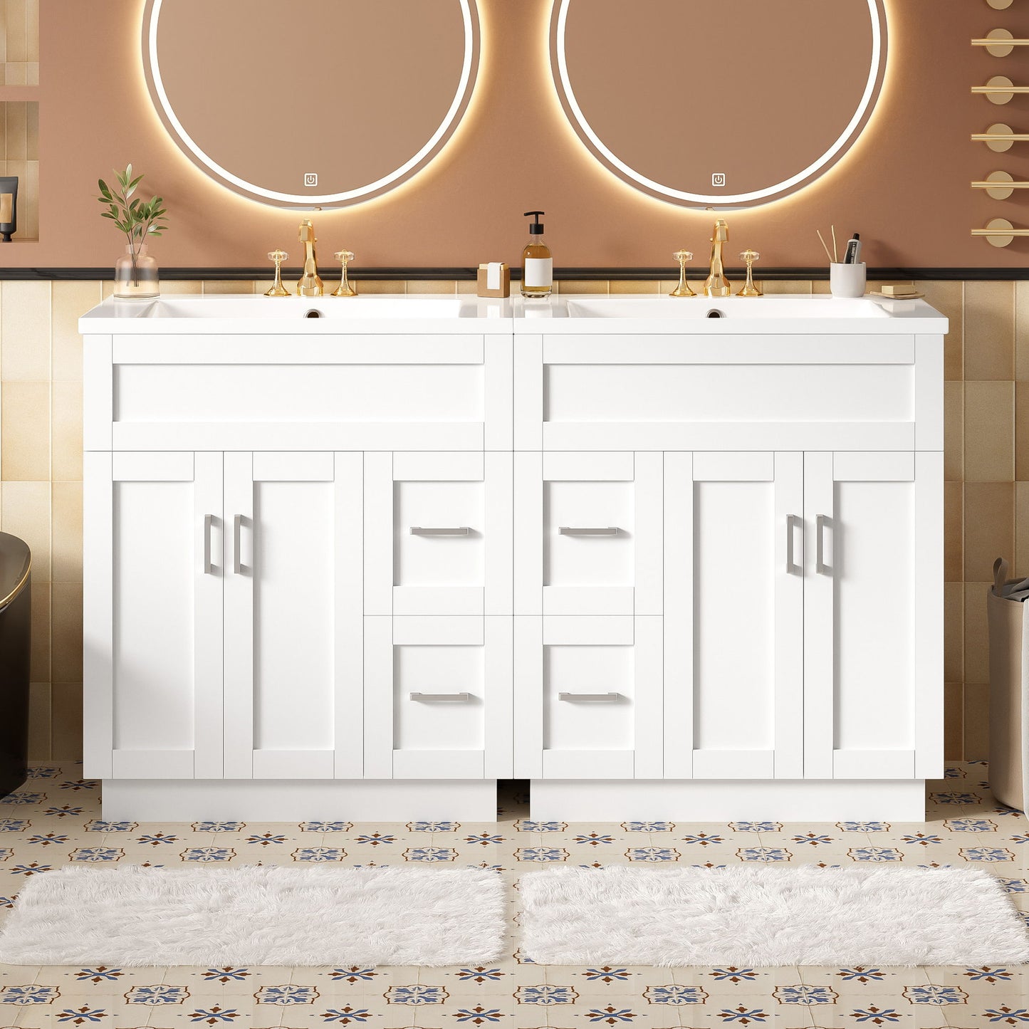 Bathroom Vanity With Dual Sinks, 4 Cabinet Doors, 4 Drawers, Adjustable Shelves - White