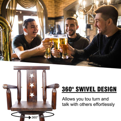 Rustic Tall Bistro Chair Decorative Star Backrest And Footrest, Fir Wood, 4 Foot - Brown